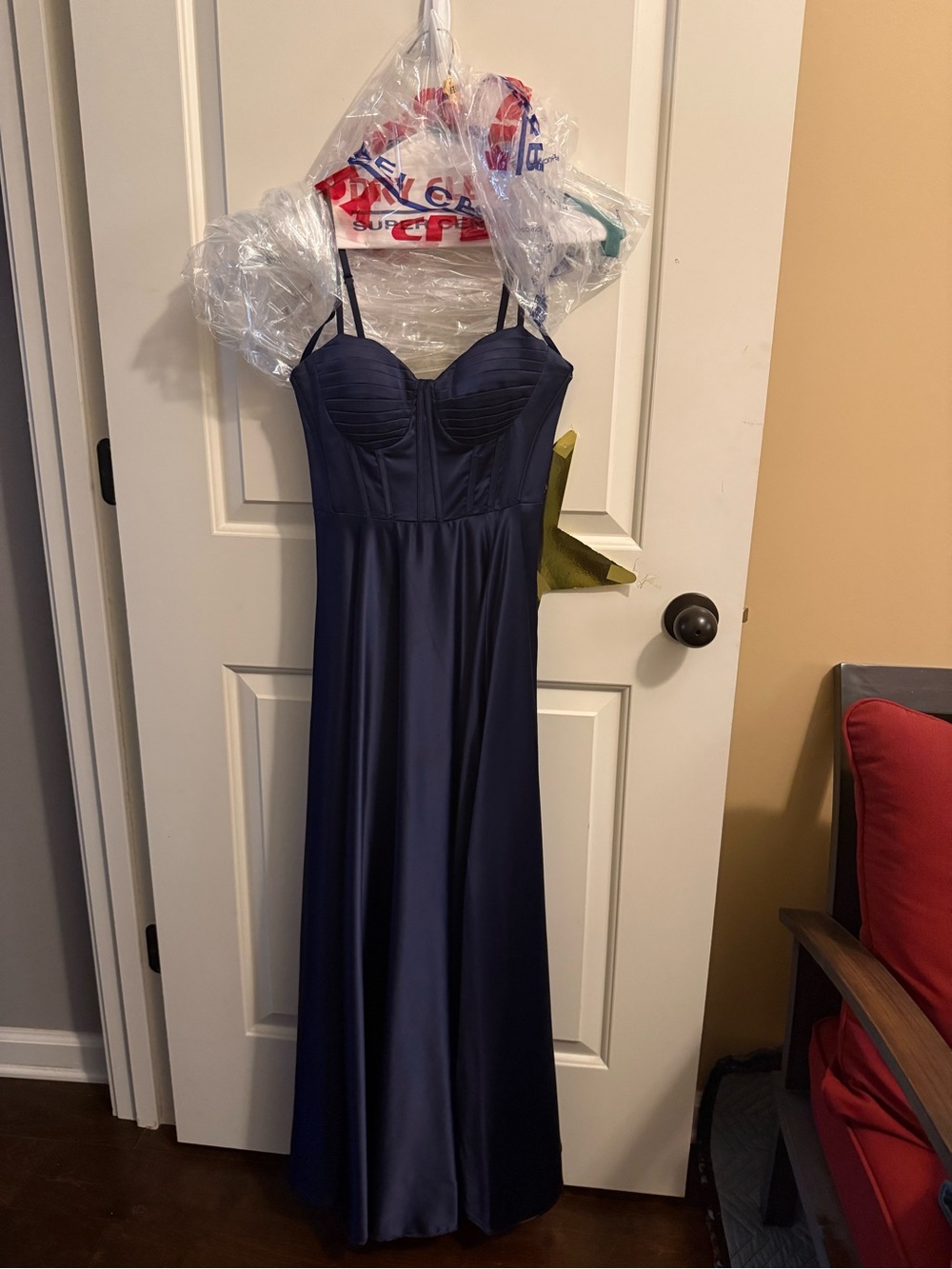 Navy Satin Long Slip Dress with Sweetheart Bodice